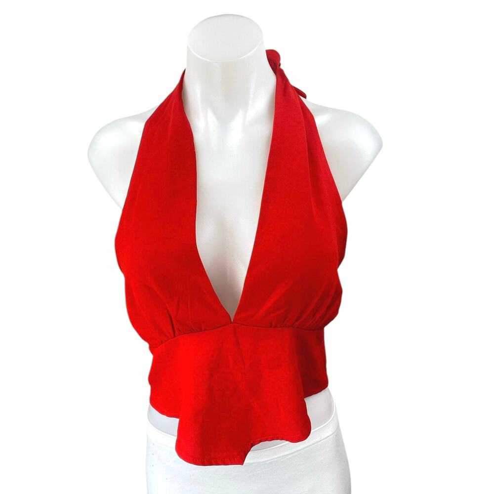 Princess Polly Red Halter Sleeveless Plunging Smocked Blouse Crop Top Size 10